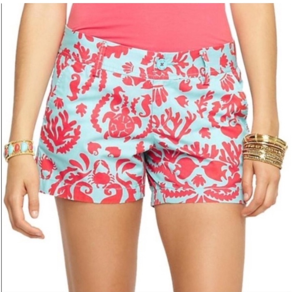 Lilly Pulitzer NEW Don’t be Shellfish Callahan Aqua Coral Turtle Shorts Size‎ 0